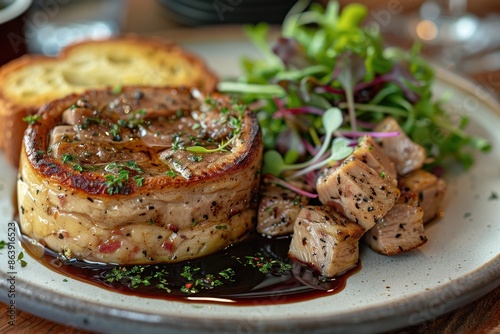 A plate of foie gras terrine with a slice of toasted brioche, served alongside a small salad of microgreens and a balsamic reduction. 