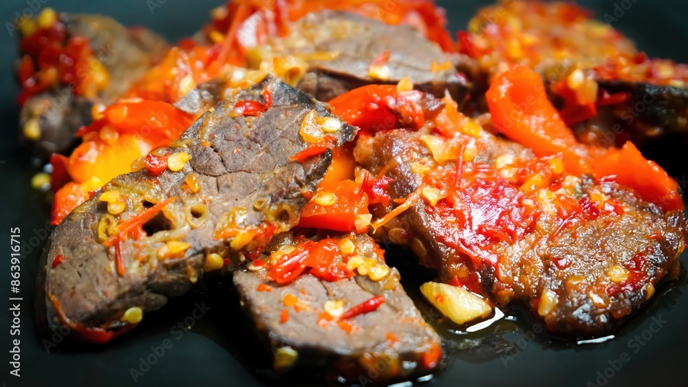 Lung beef (paru balado) cooked in spicy balado seasoning, which is sure to arouse appetite, selective focus and close up Lung beef (paru balado) cooked in spicy balado seasoning, which is sure to arouse appetite, selective focus and close up