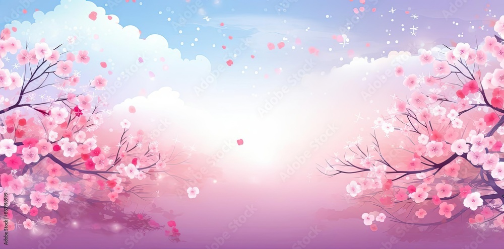 Pink Blossom Tree Branches Illustration with Cloudy Sky Background Pink Blossom Tree Branches Illustration with Cloudy Sky Background
