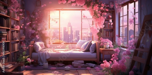 Pink Flower Room with Window View Illustration © Siasart Studio