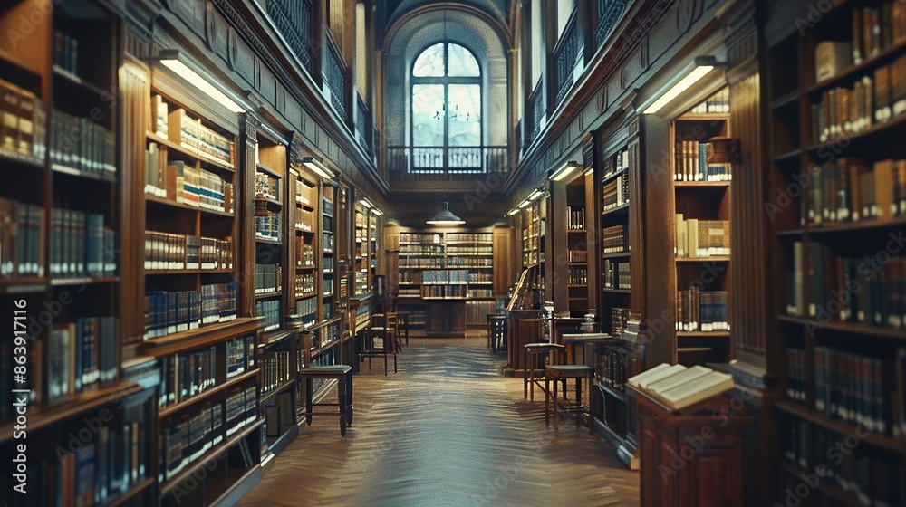 Classic Library Interior with Wooden Shelves and Books Classic Library Interior with Wooden Shelves and Books