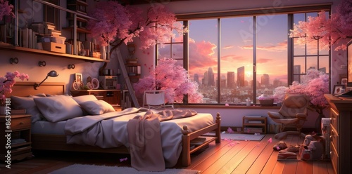 Bedroom with Cherry Blossom Trees and City Skyline View - Illustration © Siasart Studio