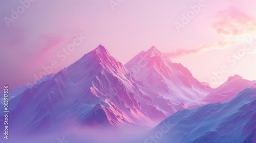 A stunning landscape photograph captures the beauty of mountain peaks bathed in the soft, pastel hues of dawn. The image evokes a sense of tranquility and inspiration. Generative AI