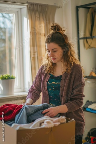 A woman carefully removing clothes from a box, probably moving or organizing her belongings