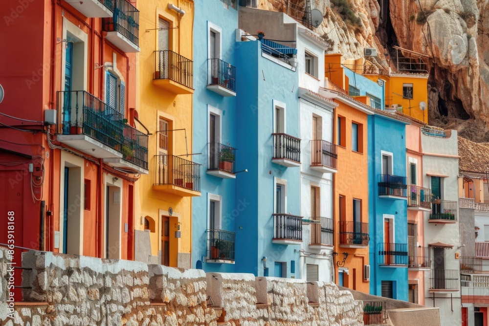 Colorful architecture, urban scene, cityscape, modern design, balcony details, building exterior Colorful architecture, urban scene, cityscape, modern design, balcony details, building exterior