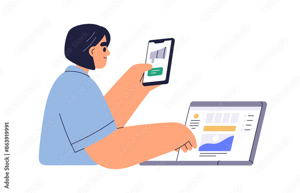 Digital marketing concept. SMM manager works with online social media, network, internet. Person at laptop, phone. Flat vector illustration of professional at workplace, isolated on white background Digital marketing concept. SMM manager works with online social media, network, internet. Person at laptop, phone. Flat vector illustration of professional at workplace, isolated on white background