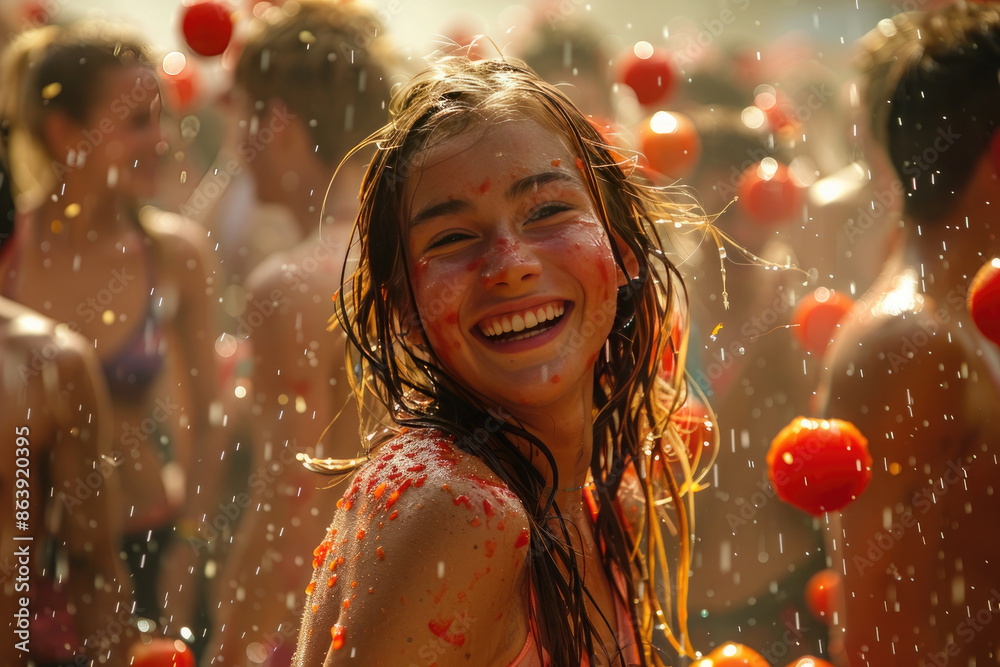 La Tomatina festival, Happy young woman wearing tomatoes. People throwing tomatoes. The annual tomato fight takes place in Spain on the last Wednesday of August in the town of Bunol. La Tomatina festival, Happy young woman wearing tomatoes. People throwing tomatoes. The annual tomato fight takes place in Spain on the last Wednesday of August in the town of Bunol.