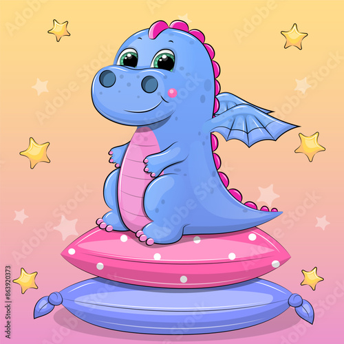 Cute dragon sits on pillows. Vector illustration of an animal on a colorful background with stars.