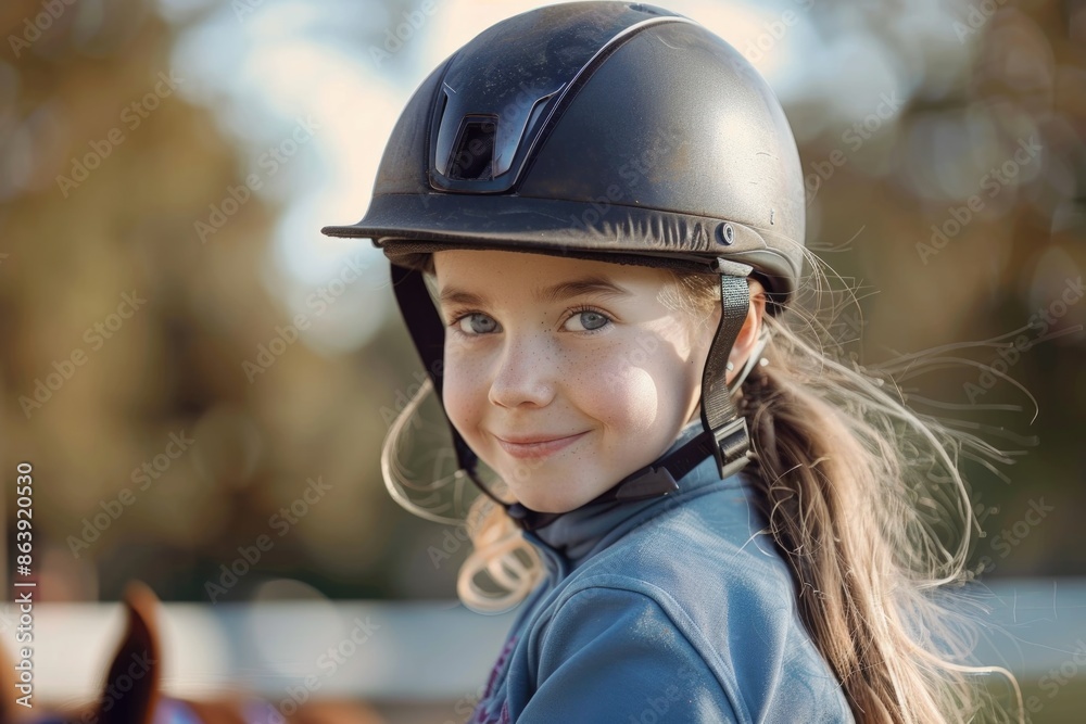 A young girl wears a helmet and smiles at the camera, conveying confidence and joy A young girl wears a helmet and smiles at the camera, conveying confidence and joy