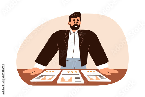Employer hiring and recruiting with job CV documents screening. Human resources professional, headhunter searching for applicants, employees. Flat vector illustration isolated on white background
