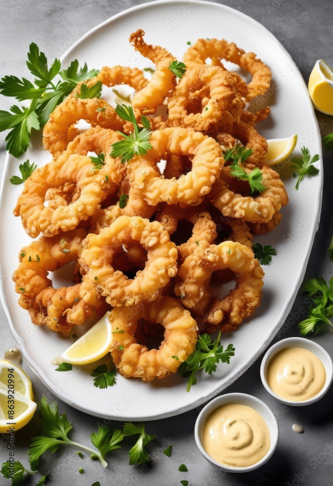 golden fried calamari aioli served white plate, crispy, crunchy, squid, sauce, mayonnaise, creamy, dish, appetizer, delicious, seafood, breaded, lemon, garnish golden fried calamari aioli served white plate, crispy, crunchy, squid, sauce, mayonnaise, creamy, dish, appetizer, delicious, seafood, breaded, lemon, garnish