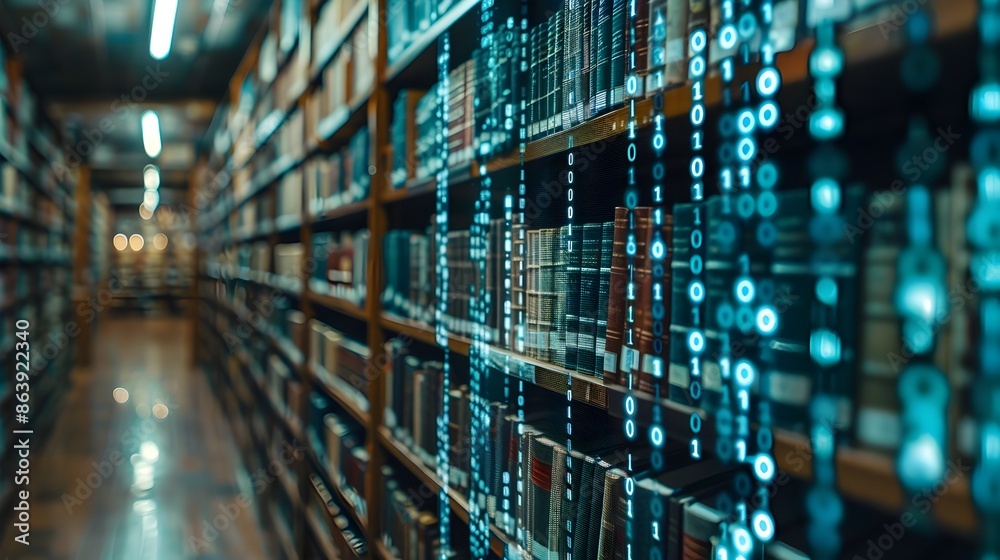 Futuristic Digital Library with Binary Code and Blurred Background Futuristic Digital Library with Binary Code and Blurred Background