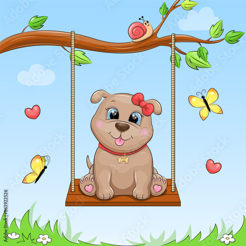 Cute cartoon puppy on a swing. Vector illustration of a dog on a blue background with hearts and butterflies.