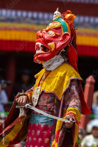 Colorful mask dance being performed at Hemis Monastery during Hemis festival at Leh, Ladakh India.