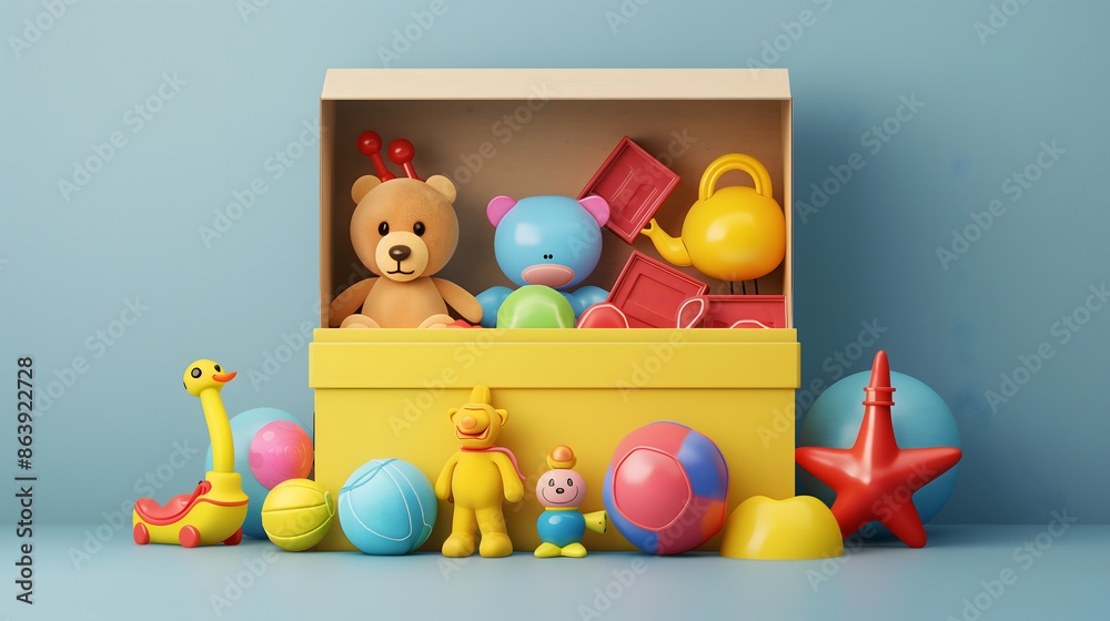 Colorful Toy Collection in Yellow Box with Teddy Bear and Playful Accessories Colorful Toy Collection in Yellow Box with Teddy Bear and Playful Accessories