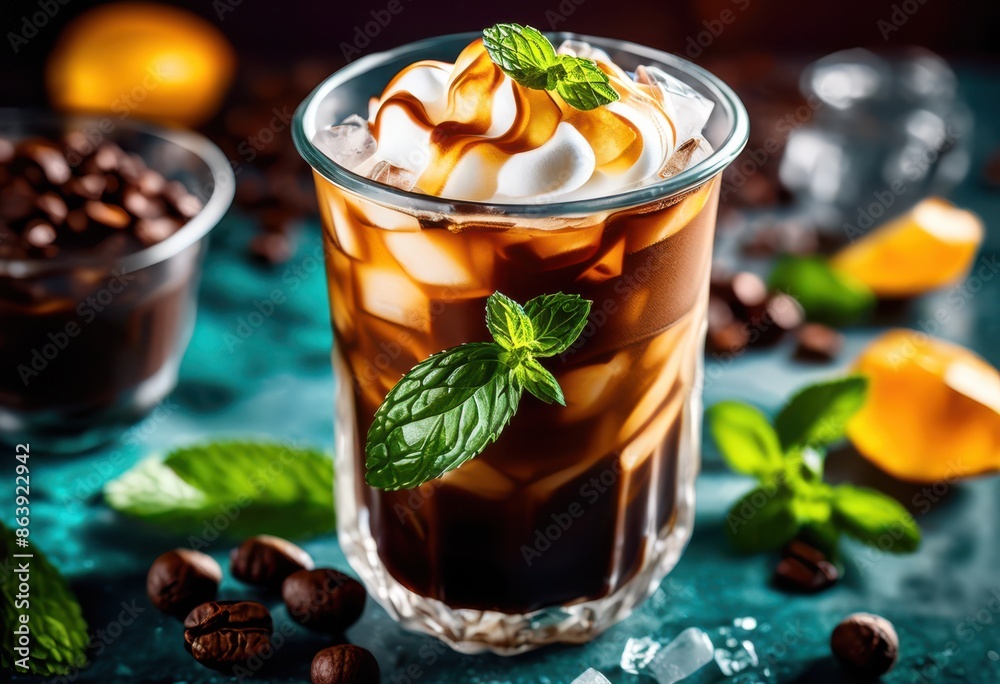 refreshing iced coffee topped whipped cream vibrant backdrop, cold, brew, frothy, beverage, creamy, colorful, background, refreshment, summer, cool, sweet, swirling refreshing iced coffee topped whipped cream vibrant backdrop, cold, brew, frothy, beverage, creamy, colorful, background, refreshment, summer, cool, sweet, swirling