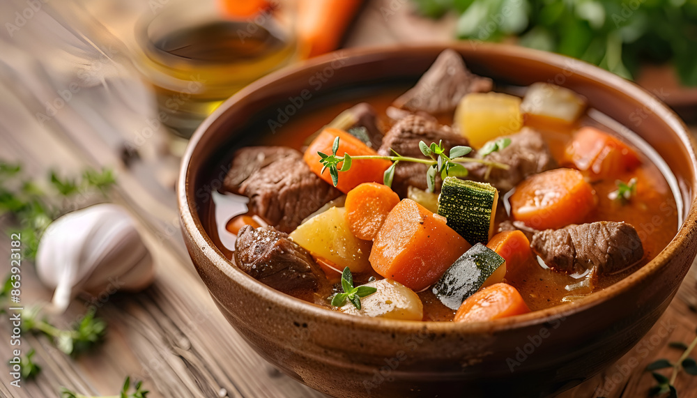 Bowl of tasty beef stew and fresh vegetables on wooden table background Bowl of tasty beef stew and fresh vegetables on wooden table background