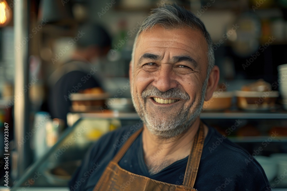 A happy person wearing an apron smiles directly at the camera A happy person wearing an apron smiles directly at the camera