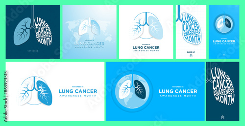 Complete Bundle of Lung Cancer Awareness Month Greeting Cards, Banners, Posters, and Social Media Story, in blue and white color palette. Minimalist and trendy Vector Illustrations.
