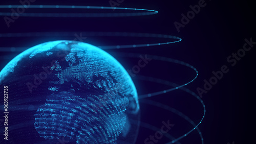 Global world network concept. Safety wireless network connection technology. Big data analytics and visualization. Science background with blue planet Earth. 3D rendering.
