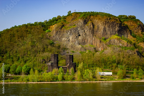 View of the Erpeler Ley and Ludendorff Bridge ruins in Erpel, Germany