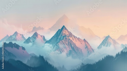Snow-capped mountains at dawn, glowing in pastel hues with the first rays of sunlight. A tranquil and breathtaking scene. Generative AI © Анатолий Савицкий