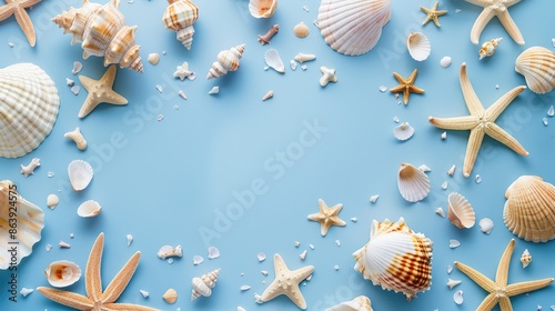 Fototapeta Naklejka Na Ścianę i Meble -  Summer beach blog design with seashells frame on blue background top view plenty of space for text