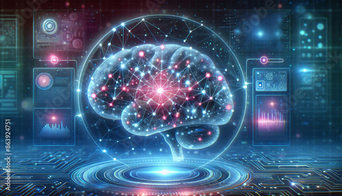 Menschliches Gehirn, digitale Darstellung. Elektrische Aktivität, Blitze und Blitzen auf blauem Hintergrund photo