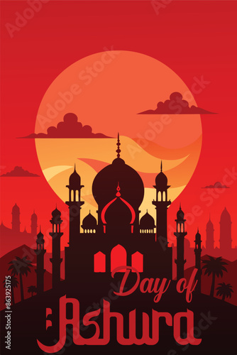Ashura Day Muharram Day Mosque Palm Trees and Red Sky  Illustration