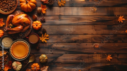 Wallpaper Mural Thanksgiving dinner background with turkey and all sides, pumpkin pie, fall leaves and seasonal fall decorations on a wooden background. Top view. Torontodigital.ca