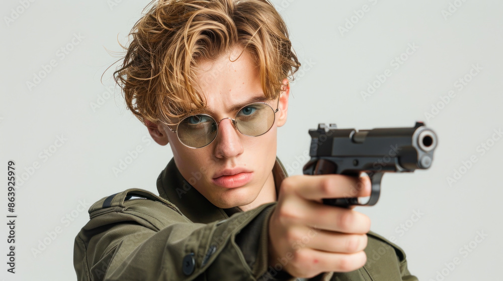 Nerdy looking young man aiming with a pistol Nerdy looking young man aiming with a pistol