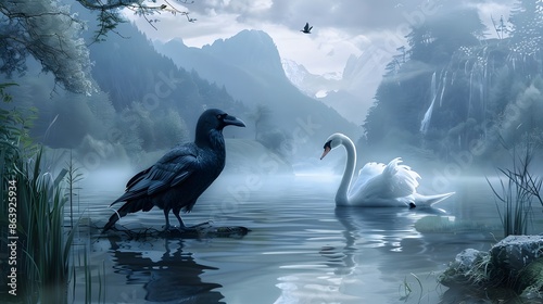 Fototapeta Naklejka Na Ścianę i Meble -  A black raven and a white swan stand on a misty lake, mountains in the background.