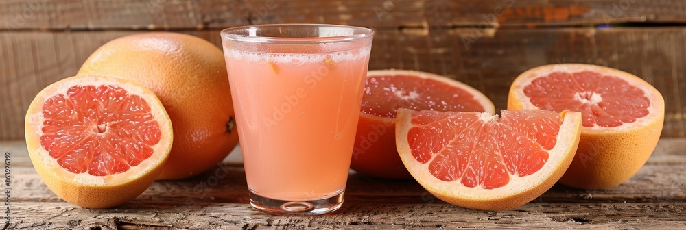 Refreshing grapefruit juice and assorted fruits beautifully arranged on rustic wooden table Refreshing grapefruit juice and assorted fruits beautifully arranged on rustic wooden table