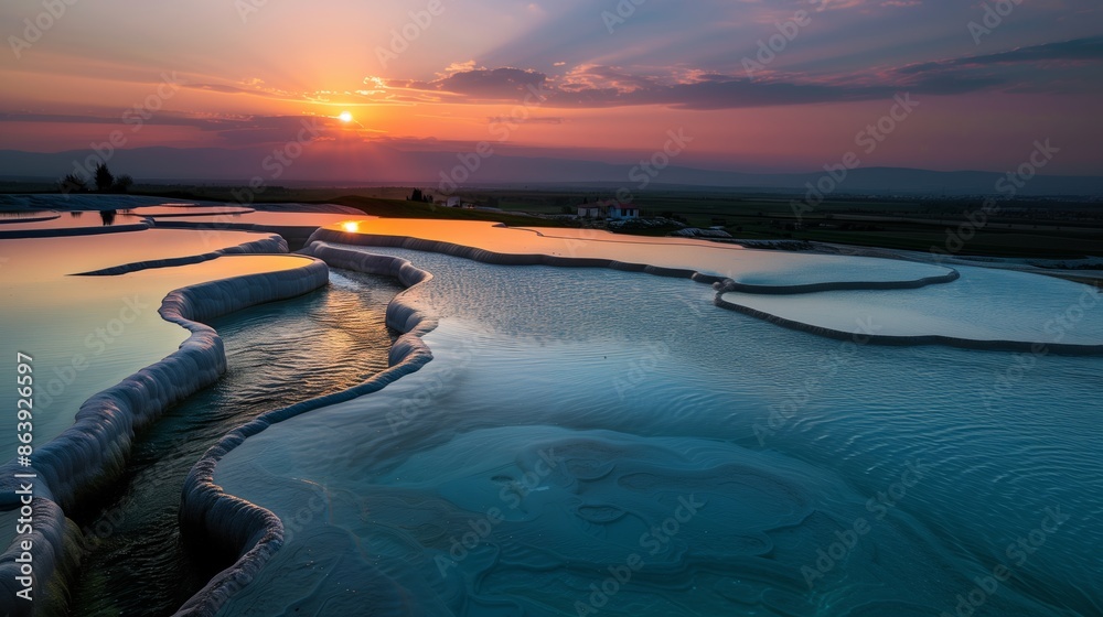 Obraz premium Sunset Over The Cascading Thermal Pools of Pamukkale