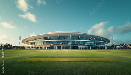 3D render of a large modern football stadium with green grass and blue sky