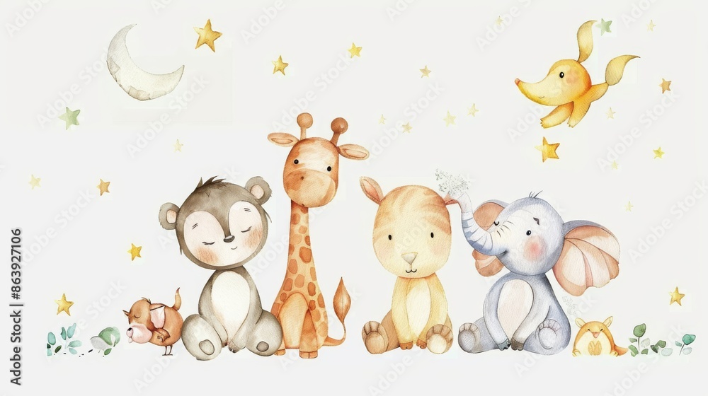 Naklejka premium Isolated on white background, cute animals participating in an adventure at night. Children's party of friends. Cute poster. Watercolor illustration for the children's room.
