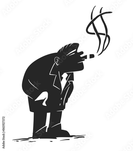 Funny Cartoon Vector Silhouette of a Rich Man Smoking a Cigar with Dollar Sign Smoke