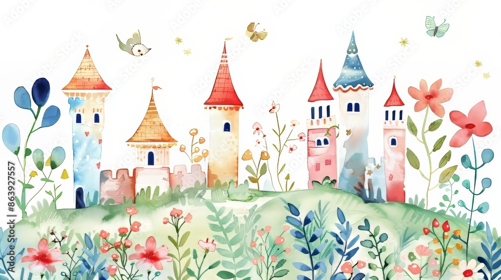 An illustration for a card, border, banner or your other design. A cute little castle on the hill. Summer meadow. Illustration for a card, border, banner or your other design. An illustration for a card, border, banner or your other design. A cute little castle on the hill. Summer meadow. Illustration for a card, border, banner or your other design.