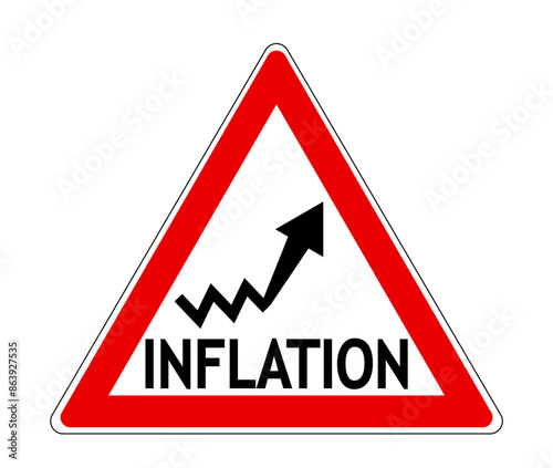 Warning inflation. Triangle shape sign with the symbol of financial arrow indicator rising up. Text.