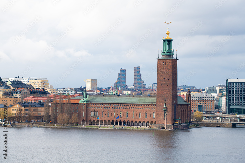 Fototapeta premium Cityscape of Stockholm, Sweden. Stockholm City Hall Island Kungsholmen. Norra Tornen in the back.