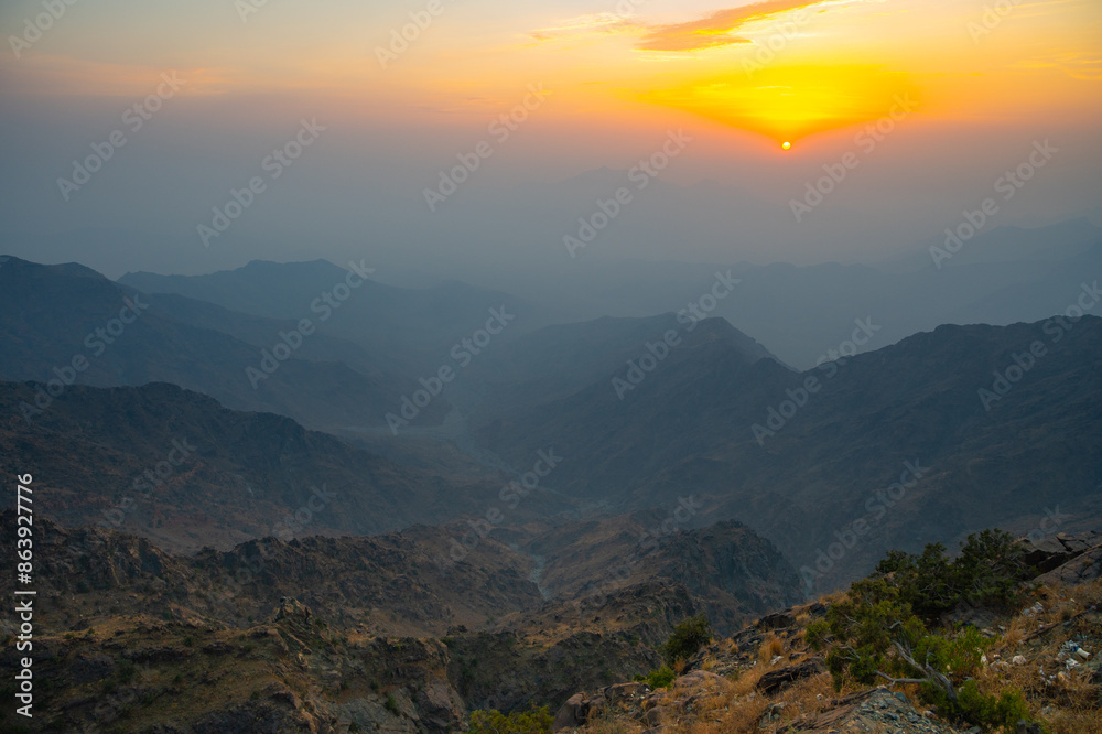 Naklejka premium A beautiful landscape of Al Hada Mountains, During Sunset. 