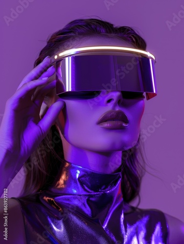 A woman wearing a shiny outfit and holding a pair of virtual reality glasses, ready for an immersive experience