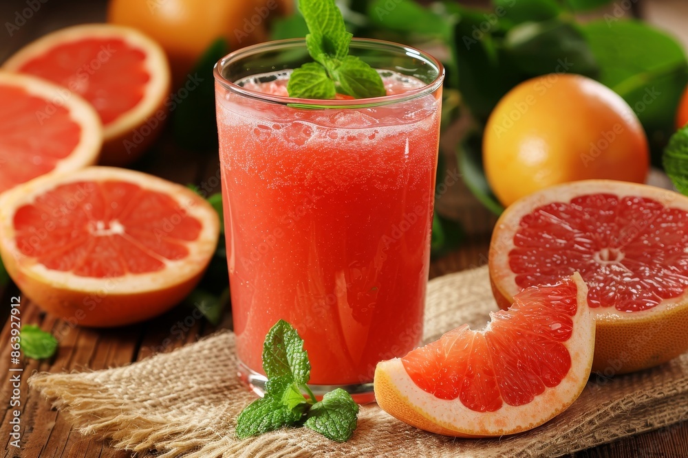 Assorted fresh fruits and grapefruit juice elegantly displayed on a rustic wooden table Assorted fresh fruits and grapefruit juice elegantly displayed on a rustic wooden table