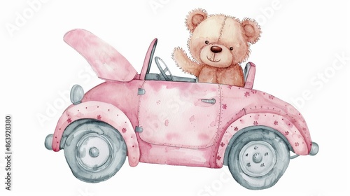 An adorable bear in a toy car. Watercolor illustration. Suitable for cards, invitations, baby showers, posters, and more.