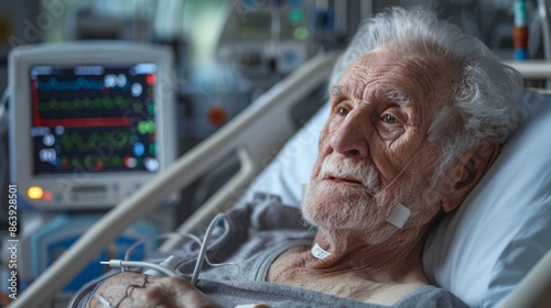 A bedridden elderly man receives medical treatment in a hospital, surrounded by the comforting hum of medical equipment.