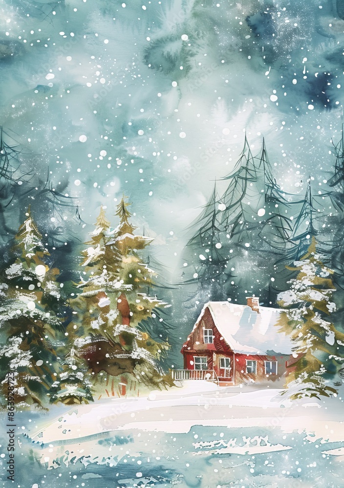 Naklejka premium Stunning winter landscape with house and trees against a snowy sky. Gouache illustration. Norway.