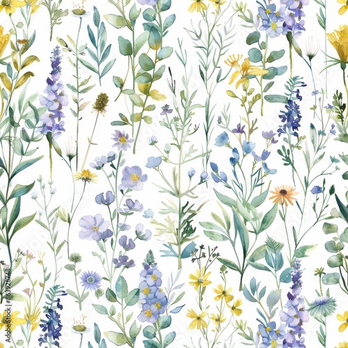 The summer meadow is adorned with a floral watercolor pattern featuring wildflowers. Delicate watercolor textile print.