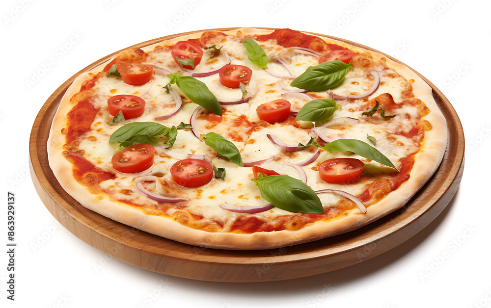 A pizza with tomatoes and basil on a wooden plate A pizza with tomatoes and basil on a wooden plate