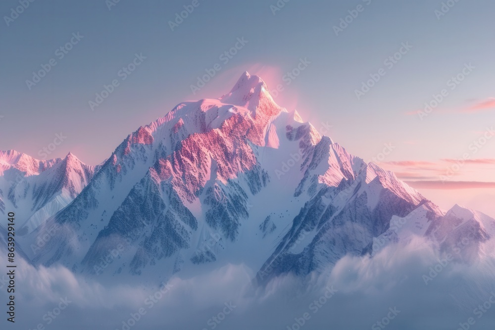 A breathtaking view of snow-capped mountain peaks illuminated by the golden rays of dawn. The sky showcases soft pastel hues, creating a tranquil and inspiring scene. Generative AI A breathtaking view of snow-capped mountain peaks illuminated by the golden rays of dawn. The sky showcases soft pastel hues, creating a tranquil and inspiring scene. Generative AI