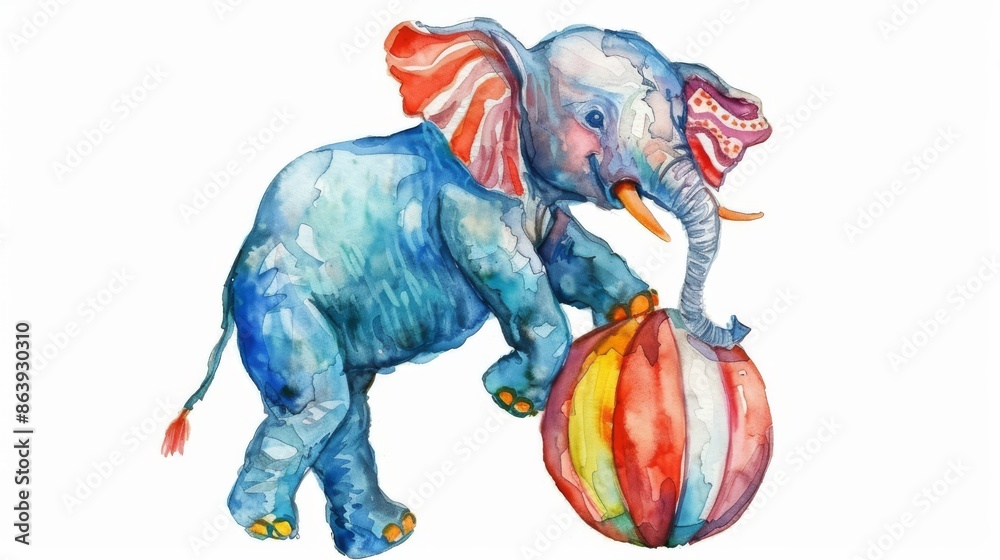 Obraz premium Elephant on a ball. Watercolor illustration of a circus elephant.